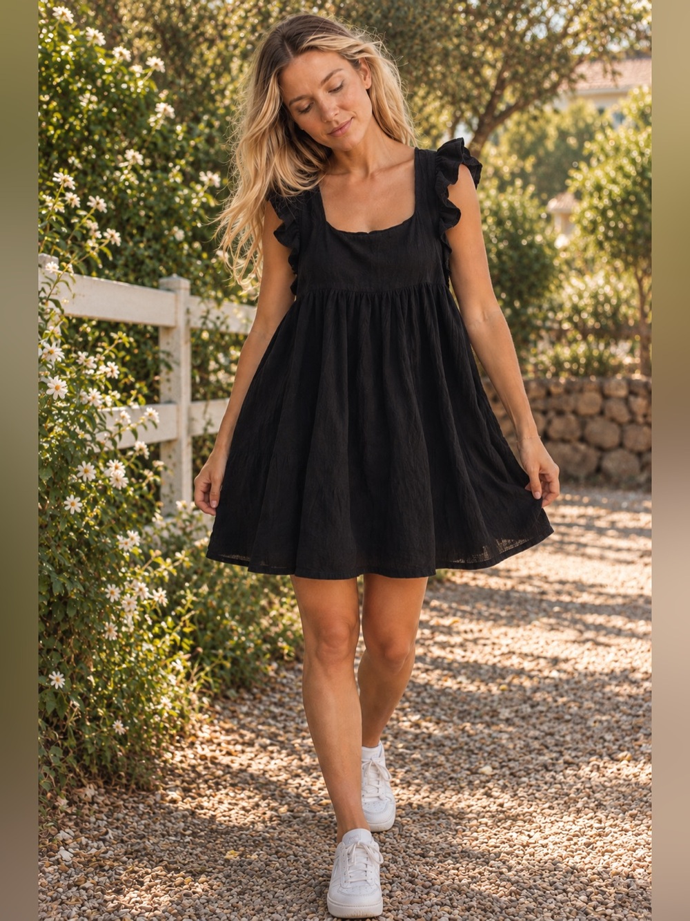 NWOT CJLA Black Tess Ruffle Sleeve Babydoll Dress 100% Cotton
